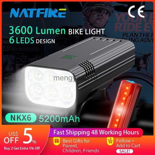 Fahrradleuchten Natfire 6 LED Bike Light 3600 Lumen wieder auflösbar Fahrradlicht Taschenlampe Vordere und hintere Rücklicht für MTB Road Cycling HKD230810 im Freien