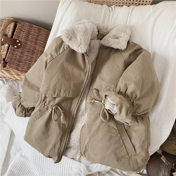 Ceketler Bebek Erkekler Khaki Kuzu Yün Karışımı Parkas Coat Sonbahar Kış Palto Kürk Ceket Kızlar İçin Kızlar Sevimli Sıcak Ceket Çocuk Snowsuit Moda 230809