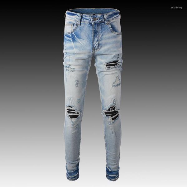 Jeans Masculino High Street Moda Masculino Retro Azul Elástico Ajuste Justo Destroyed Remendo Rasgado Calças de Marca Hip Hop Punk