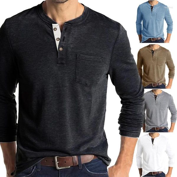 Erkekler Tişörtler Gömlek Uzun Kollu T-Shirt Sıradan Gevşek Düz Renk Dokun Düğmesi Yaka Cep Yumuşak Dip Banliyö Giyim