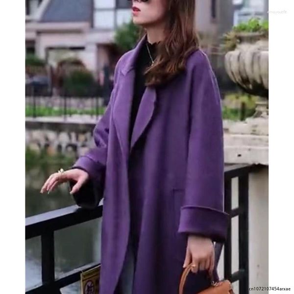 Gabardina para mujer, moda morada, trajes para mujer, abrigo, chaqueta larga de lana, Cachemira, informal, gruesa, cálida, vestido de graduación, chaqueta hecha a medida