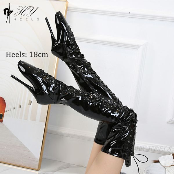 Сапоги Scream, блестящие черные женские сапоги выше колена, большие размеры, балетки, 18 см, очень высокий каблук-шип, 7 дюймов, пикантная фетиш-обувь 230809