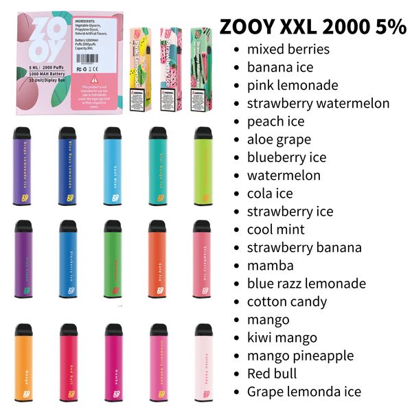 XXL 2000 vape Zoy Brand Vapes одноразовая слойка с предварительным наполнением одноразовая пустая ручка для вейпа емкостью 1000 мАч аккумулятор 8 мл Получение сертификации