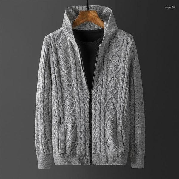 Herrenjacken Marke Cotton Twisted Knit Cardigan Pullover Reißverschluss Slim Fit Jacke Männer Lässiger Strickmantel mit Kapuzentaschen XXXXL