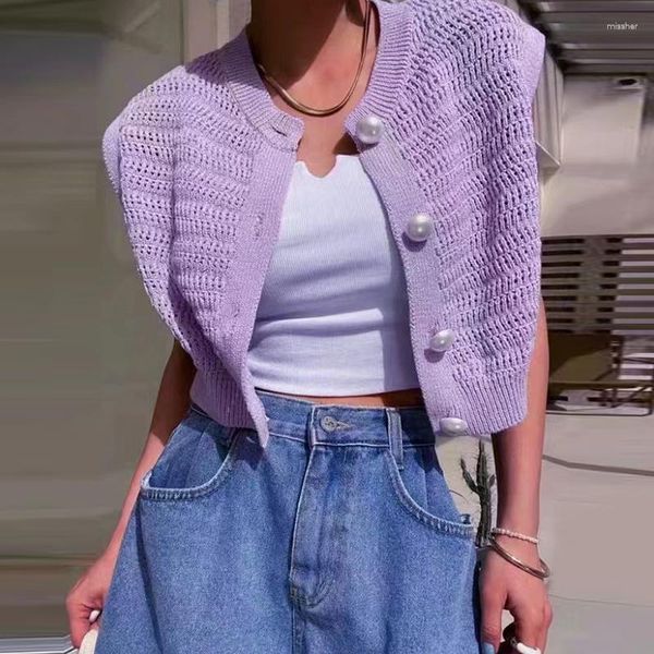 Женские трикотаж Neploe Summer Sweet Round Shece Cardigan Уникальный жемчужный пуговица пустого рукавочного мака