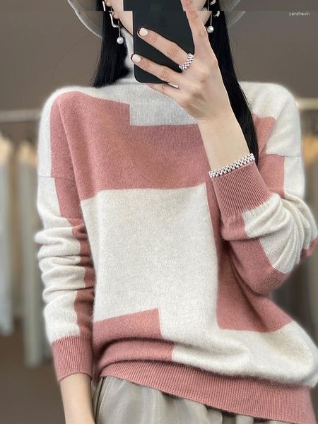 Kadın Sweaters Merino Yün Kazak Yüksek yaka kontrastlı kazak gündelik gevşek sonbahar kış ceketi moda Koreli kadın giyim