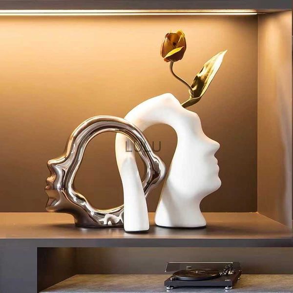 Kreativ moderne einfache Keramik Vase Art Face Light Luxus Silber Ornamente Home Wohnzimmer Büro Handwerk Möbel Dekor HKD230823