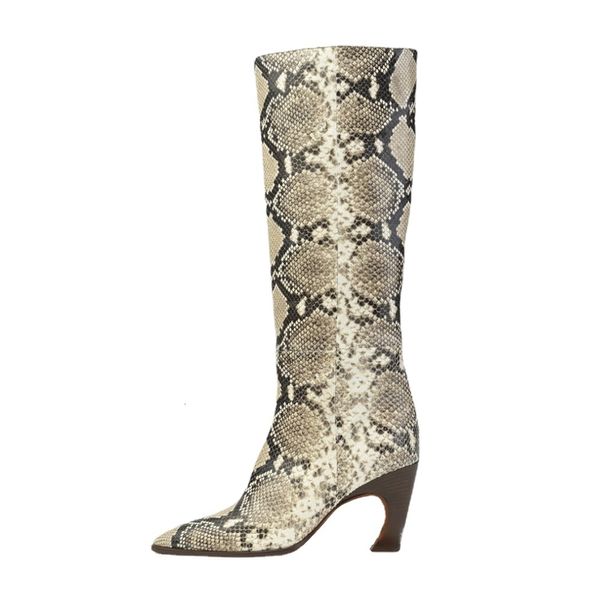 Boots Snake Print Pointed Wood Shaped Heel Spring 2023 Black SlipOn Boot Female Fashion Denim Blue Shoes for Women Size 43 230809