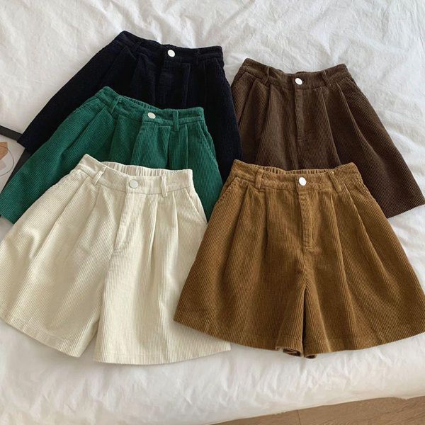 Shorts Feminino Lucyever Vintage Veludo cotelê Verão Casual Elástico Cintura Alta Calças Curtas Largas Sólida Para Todos Combinados Mulher Solta