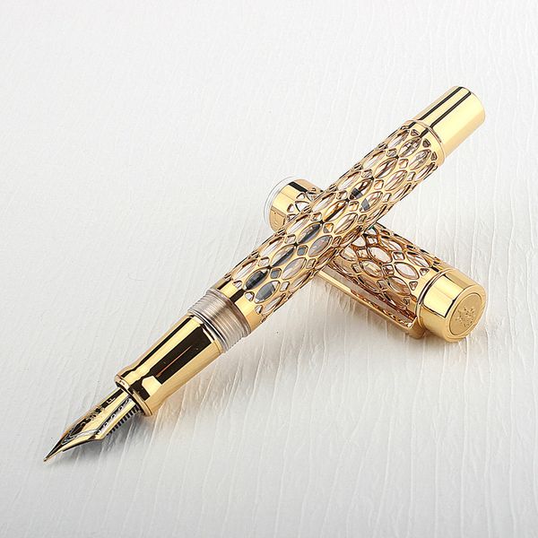 Фонтановые ручки Jinhao Century 100 Pen Real Gold Colleplating Hollow Out чернила плавно написание F Nib для школьного офисного бизнеса 230810