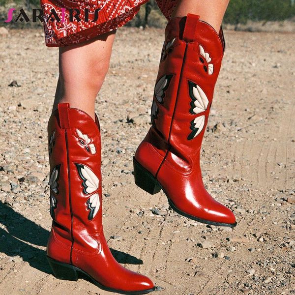 Botas de marca Outono Inverno Feminino Western Mid Calf Boots Salto Chunky Borboleta Cowgirl Cowboy Botas Longas Sapatos para Mulher 230809