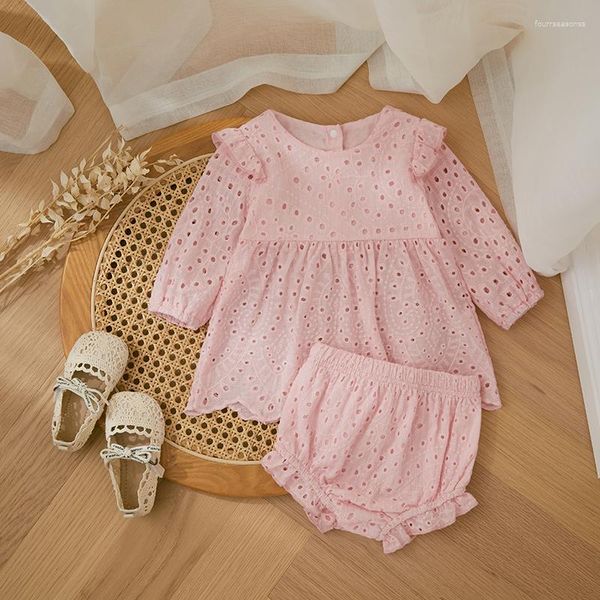 Giyim setleri sevimli fırfırlı uzun kollu bebek bebek giysileri seti düz renk kesim tişört üstleri elastik şort 2 adet gündelik çocuk takım elbise