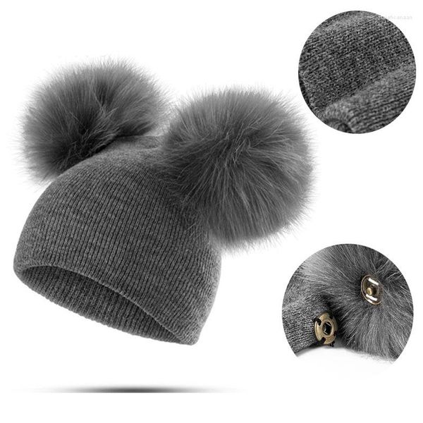 Berretti Berretti Cappello da bambino infantile Pompon Inverno Bambini Berretto carino lavorato a maglia con due orecchie a doppio pom per ragazze