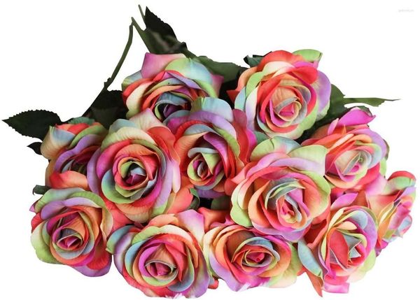 Dekorative Blumen, 12 Stiele, Regenbogenrose, künstlicher Hochzeitsblumenstrauß