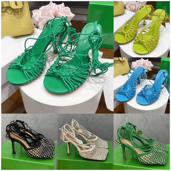 Sparkle Ratch-Up Lace-Up Sandal Designer Женщины сандалии роскошные роскошные каблуки сетчатые сетки Слайды Староны Сандальные насосы плать