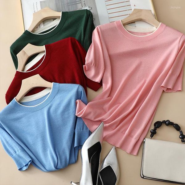 T-shirts pour femmes 2023 début automne femmes vêtements laine de soie peignée tricoté col rond à manches courtes couleur assortie T-shirt style décontracté