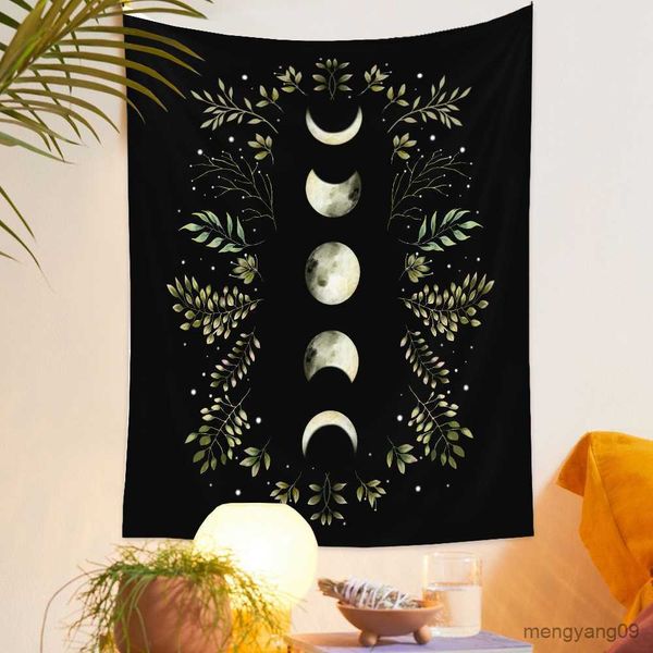 Wandteppiche Mondphase Tapestry Wand hängen schwarze psychedelische Wandteppiche Blume Starry Bohemian Wandteppiche Art Home Dekoration R230810