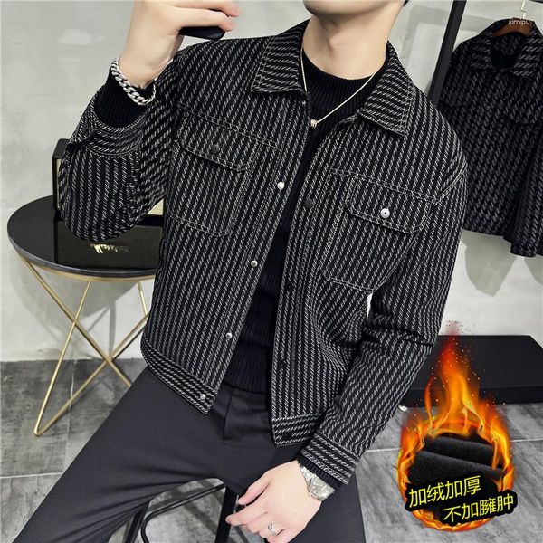 Männer Jacken Marke Kleidung Männer Winter Streifen Leder Jacke Casual Lose Mäntel Mann Hochwertige Revers Slim Fit Mantel Plus größe 3XL