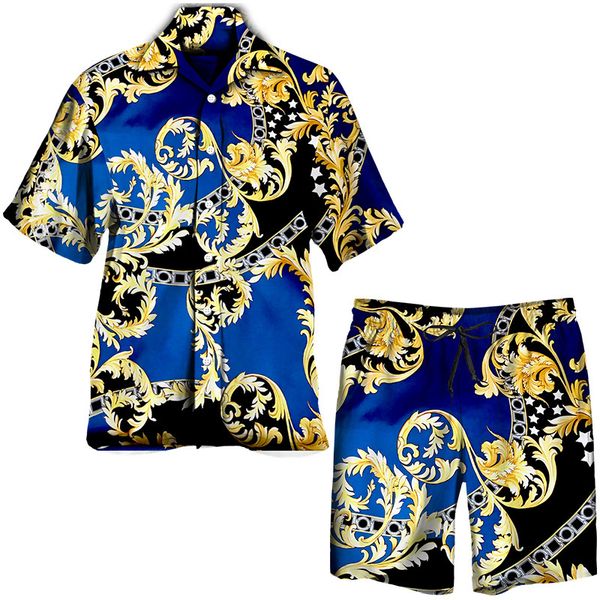 Fatos masculinos luxo dourado floral impressão masculina conjunto havaiano na moda manga curta lapela camisa / praia shorts / terno estilo barroco roupas de verão 230810