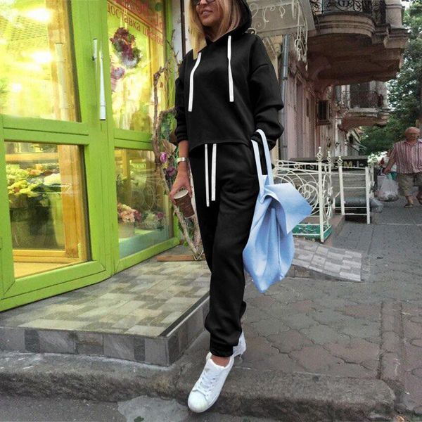 Kadınlar iki parçalı pantolon 2pcs kadın hoodies kıyafeti katı uzun kollu gündelik takım spor sweatshirt ve pantolon eşofman bayanlar sonbahar