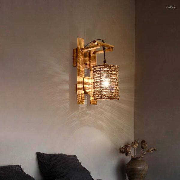 Lâmpada de parede retrô sala de estar fundo pendurado quarto cabeceira corredor estudo nórdico bambu rattan