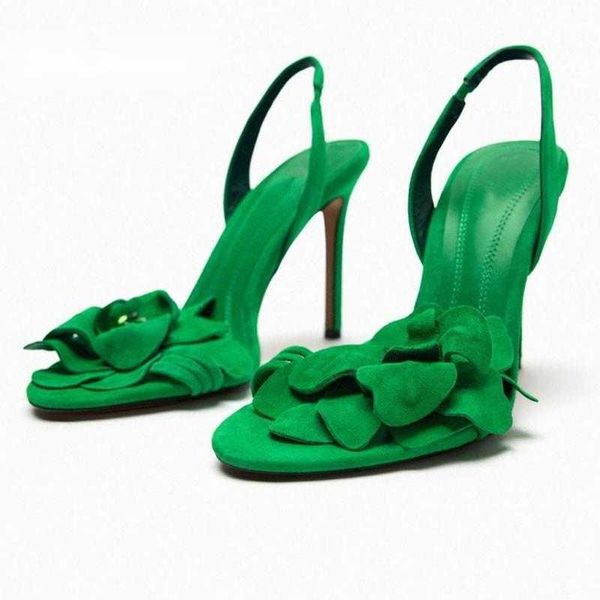 Sandálias de salto alto verde slingback mulheres 2023 flores de verão mulher sexy bombas rosa estilete salto alto sapatos de casamento 230807