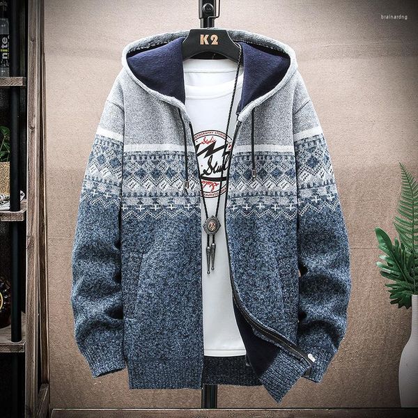 Blusas Masculinas Suéter Estampado Cardigan com Capuz Casaco Frio Lã Jaqueta com Zíper Outono e Inverno Quente Diretrizes de Moda Pulôver Tecido