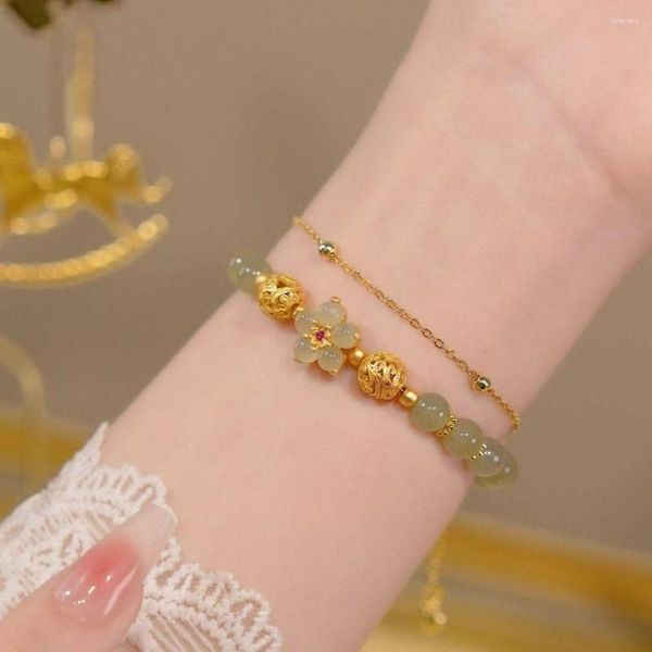 Charm Bracelets Jade Bracelet Para Mulheres Estilo Chinês Contas de Flores Antigas Feitas Mão Corda Esmeralda Bangles Meninas Jóias de Luxo