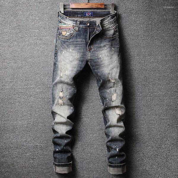 Мужские джинсы модельер -дизайнер мужчины ретро серо -синий растяжение эластично