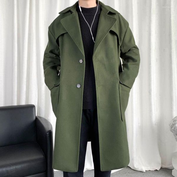 Trench da uomo Autunno Inverno Classico Verde militare Giacca a vento di media lunghezza Casual Loose High Street Soprabito Giacche Uomo Top Abbigliamento maschile