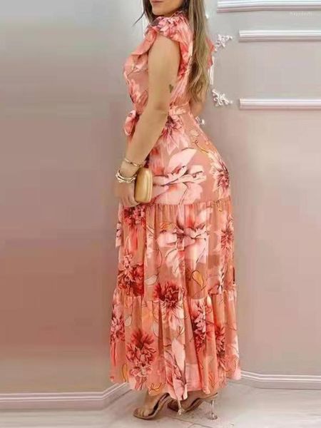 Sıradan Elbiseler 2023 Kazan Seksi Elbise Çiçek Baskı Lantern Sleeve V-yaka Şifon Kadın Maxi
