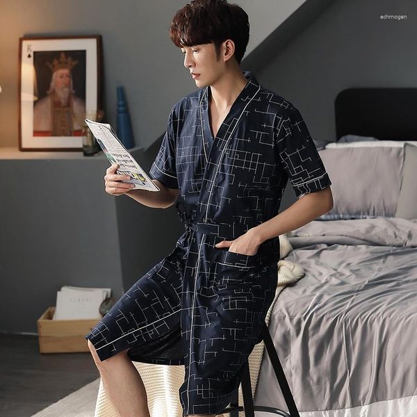 Degli indumenti da notte degli uomini 2023 di Estate Più Il Formato Manica Corta Casual Plaid Cotone Kimono Vestaglie Per Gli Uomini Accappatoio Maschile Homewear Salotto vestiti per la casa