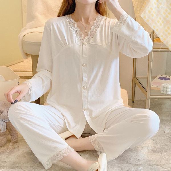 Pijamas femininos primavera outono branco com decote em V conjunto de pijamas de renda manga longa e calças pijamas ternos loungewear