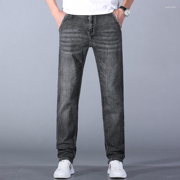 Jeans masculino estilo clássico cinza escuro slim fit elástico 2023 primavera algodão ajuste regular calças jeans de marca masculina