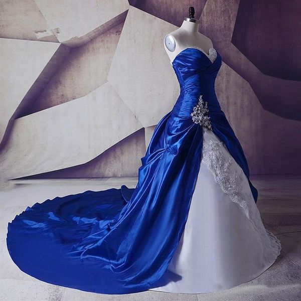 Brilhante imagem real novo branco e azul royal vestido de noiva linha 2019 apliques de tafetá de renda contas de vestido de noiva feito sob encomenda cristal f225p