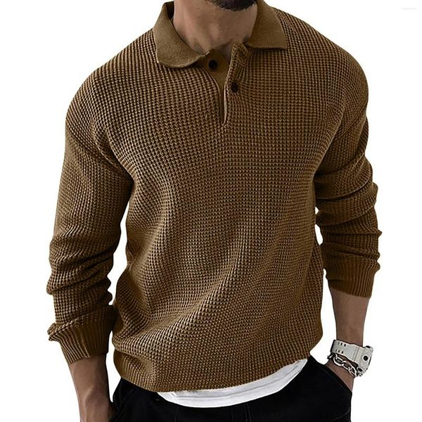 Suéter masculino Waffle suéter pulôver de malha com decote aberto para uso diário Trench Tops Casaco masculino de cor sólida Camisa pólo vintage Blusa de manga comprida