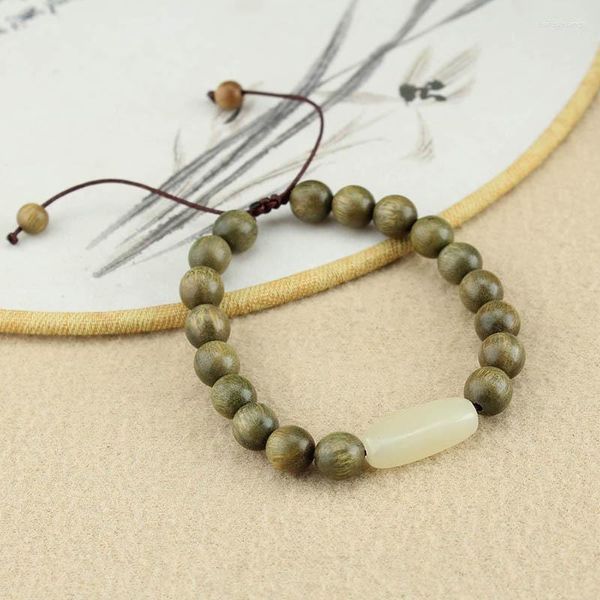 Strang Natürliche Hetian Jade Grün Sandelholz Buddha Perlen Perlen Geflecht Weben Armbänder Für Frauen Männer Paar Feine Mala Unisex Schmuck