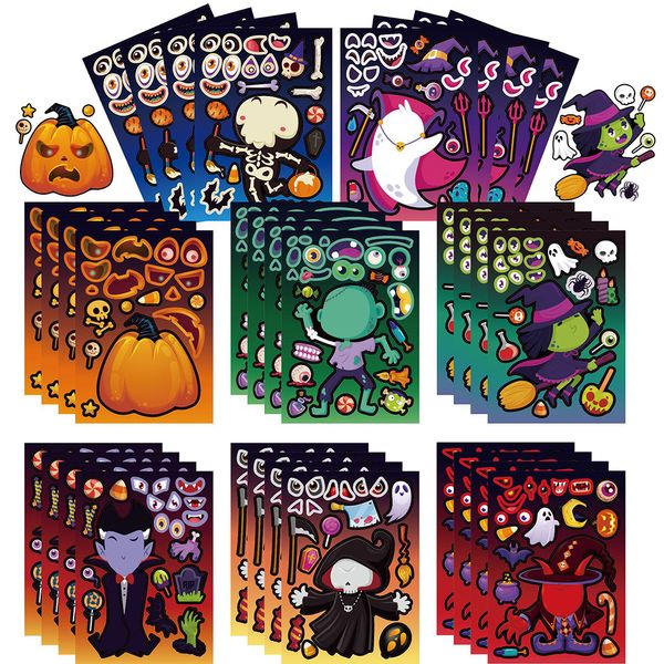 Детские игрушечные наклейки 8 16sheets Halloween Puzzle Make Face Game Ghost Witch Kids Jigsaw Kids Education Die Dies Party Подарки 230810