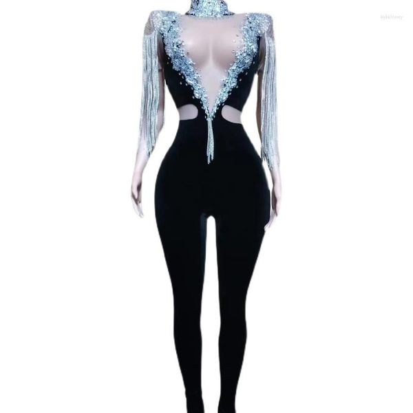 Stage Wear Nightclub Dj Party Pole Dance Outfit Sparkly Frange Spalla Piena di strass Tuta Donna Sexy Gogo Daner Costume XS6084