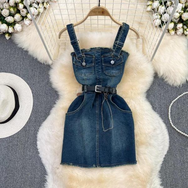 Günlük elbiseler Kore retro yıkama denim kayış elbise kadınlar 2023 yaz baharatlı kızlar kolsuz kısa sarılı kalça asma vestidos para mujer