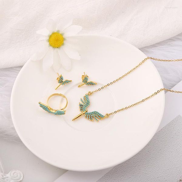 Collana Orecchini Set Gioielli MANDI Gioielli vintage con intarsio in pietra naturale Set di anelli placcati in oro 18 carati a forma di angolo