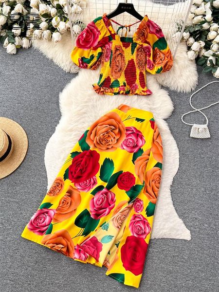 Рабочие платья Singreiny Floral Print Два кусочка женские квадратные шеи оборки эластичная талия блузки на линии длинная юбка. Случайный костюм.