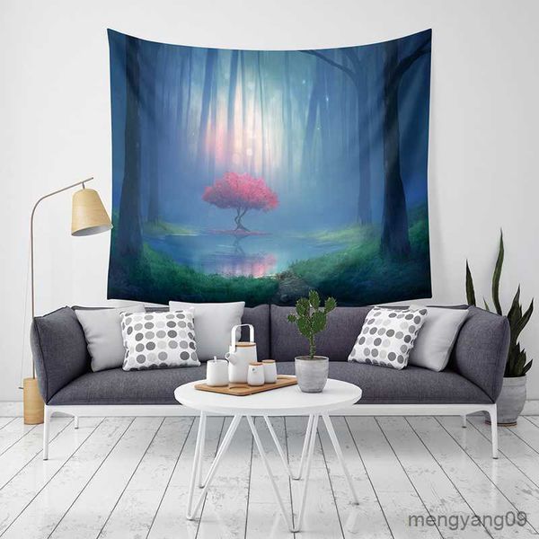 Wandteppiche anpassbare Wandteppichbetten -Verbrennungen Yogamatte Decke Misty Forest Canoe Tapissery Home Decor Wall Hanging R230810