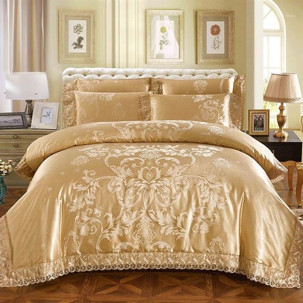Set biancheria da letto di lusso in raso di seta argento dorato in pizzo Set letto king size Queen Set copripiumino Lenzuola in cotone parure de lit adulte1278T