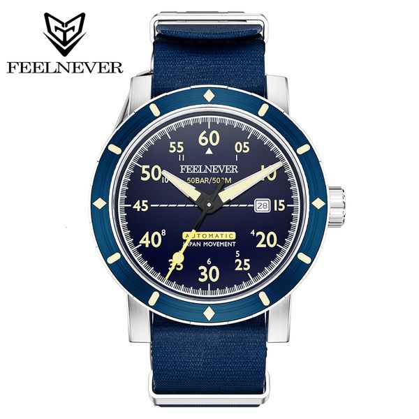 Relógios de pulso FeelNever Professional Outdoor Sports 8215 Men Relógios Mecânicos Automáticos Sapphire 50Bar Diving Nylon Strap reloj hombre 230809