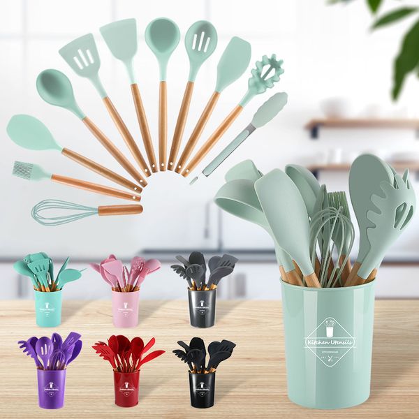 Utensílios de cozinha 11 pçs silicone cabo de madeira conjunto de cozinha gadgets com suporte para panelas antiaderentes madeira 230809