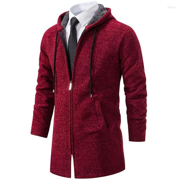 Maglioni da uomo inverno spesso caldo casual maglione lavorato a maglia autunno felpa con cappuccio tendenza solido cardigan con cerniera trench lungo in pile più velluto