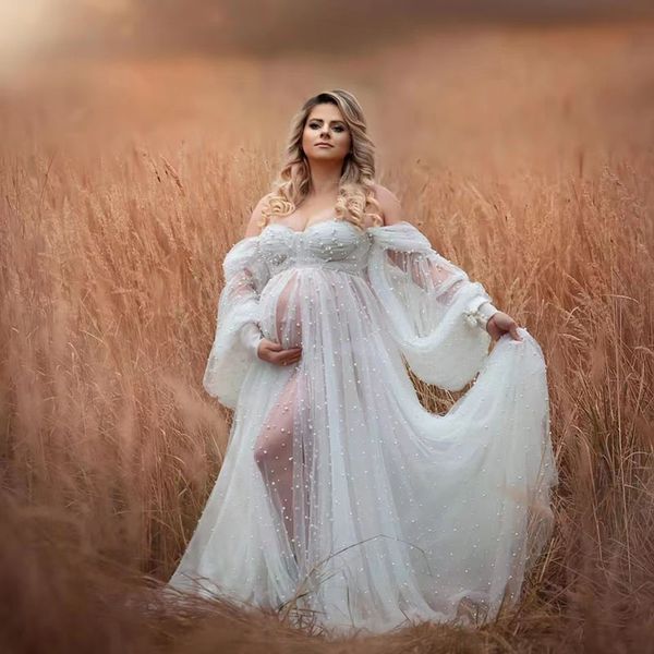 Affascinante perle per perle da sposa a cuore Sweetheart maniche gonfie femminile abito fotografico Flima fessura Flima veste di maternità da fotografia