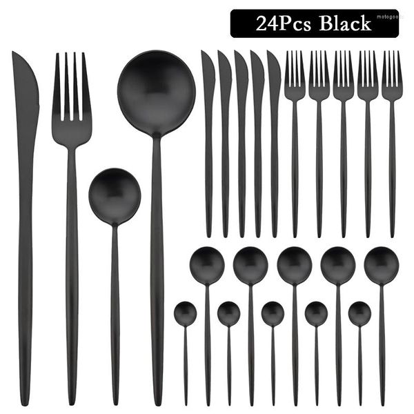 Set di stoviglie Matte Black 24Pcs Forchetta Cucchiaio Coltello Set di posate in acciaio inossidabile Manico tondo Posate per la tavola Posate per la casa