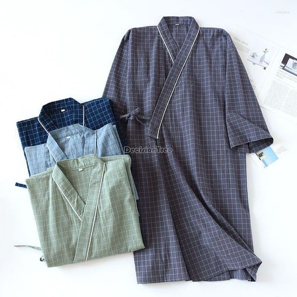 Roupa de dormir masculina 2023 xadrez japonês quimono pijama robe feminino primavera verão algodão puro fino solto casal roupão de banho uso diário em casa S406